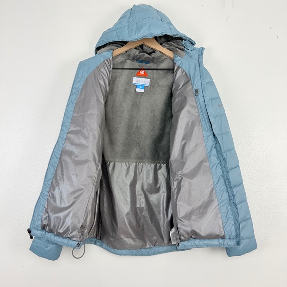 Columbia Omni Heat Puffer Coat Jacket Womens M Hooded Light Blue Full Zip Winter - Picture 7 of 16